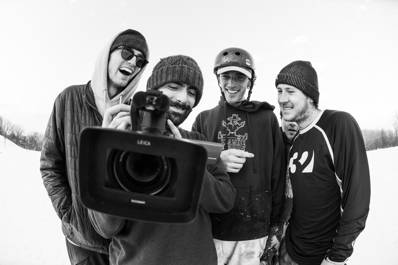 The crew checking the footage