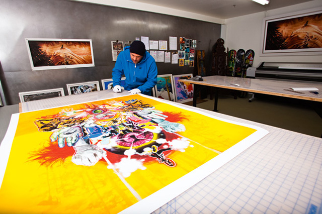Mike Parillo working on the first Travis Rice Pro snowboard