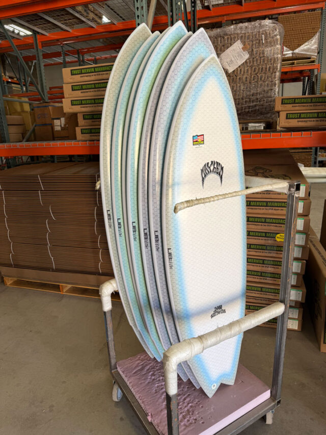 Brand new Lib Tech Pisces surfboards on the rack at the surfboard factory in Sequim, WA.