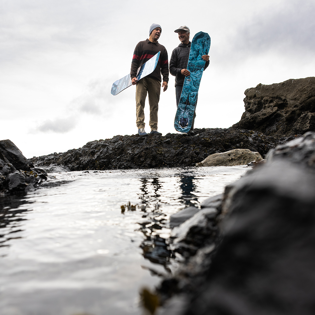 Travis Rice and Pete Saari with the Golden Orca and Orca 2 snowboards