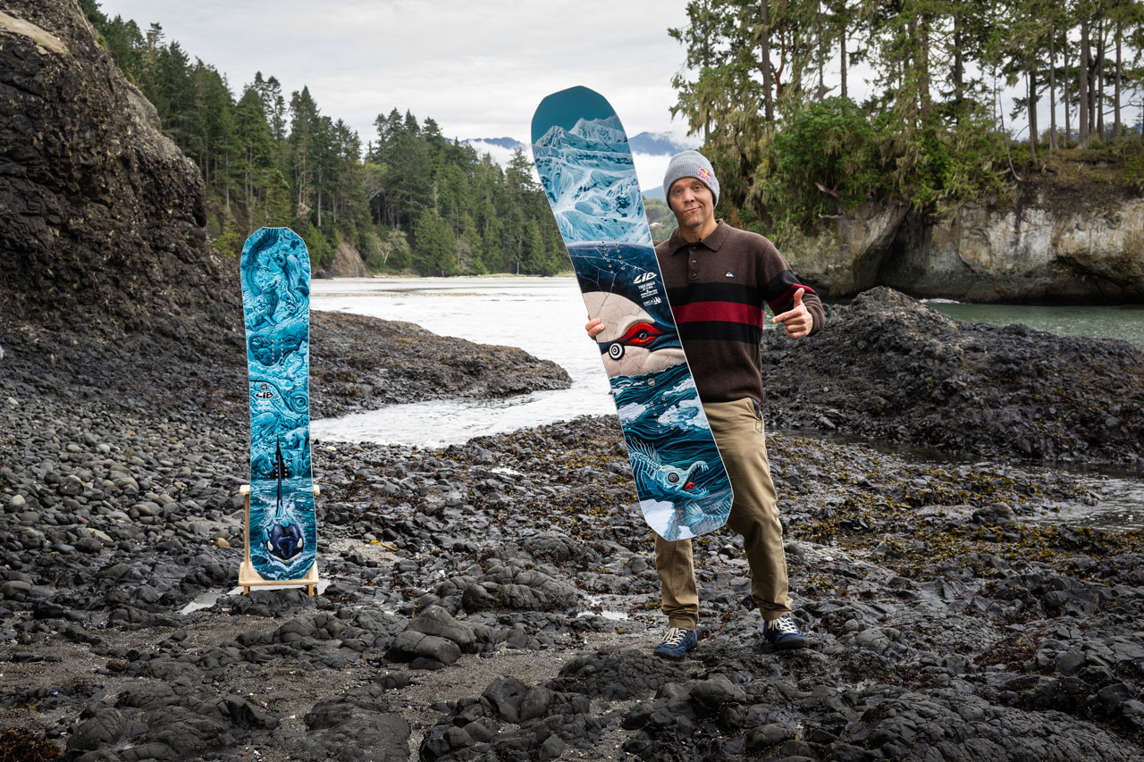 Travis Rice and the Golden Orca and Orca 2 snowboards
